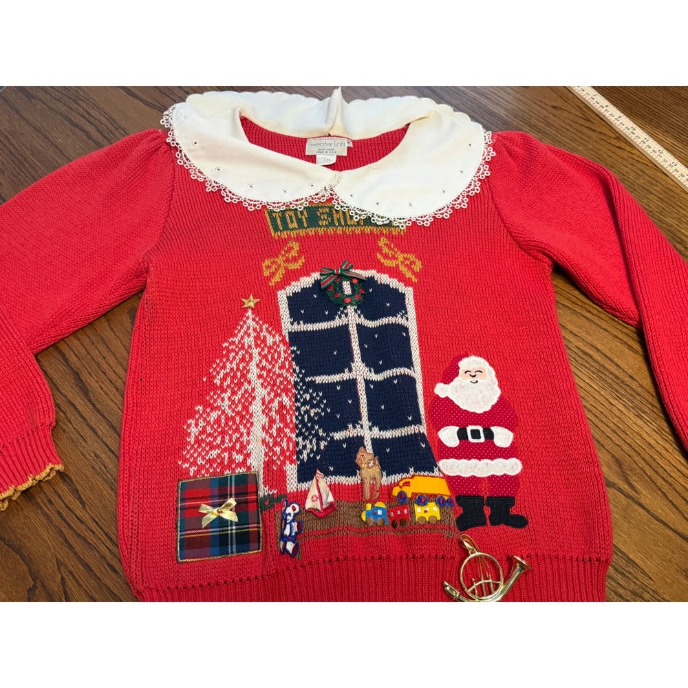 Vintage Sweater Loft Red Toy Shop Santa Christmas Sweater Peter Pan Collar Small